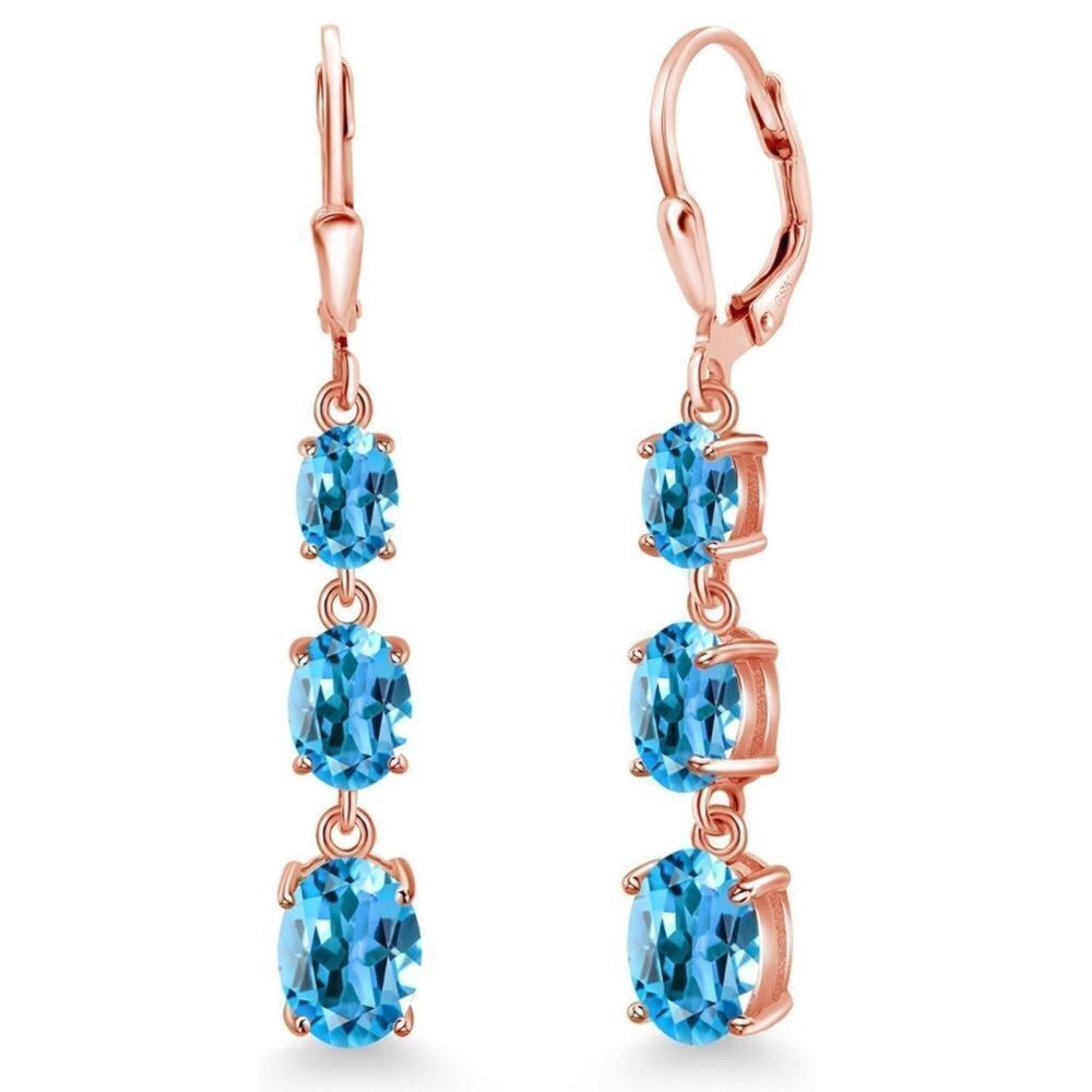 18K Rose Gold with 5.70 Cttw 3 Stone Swiss Blue Topaz Leverback Drop Earrings
